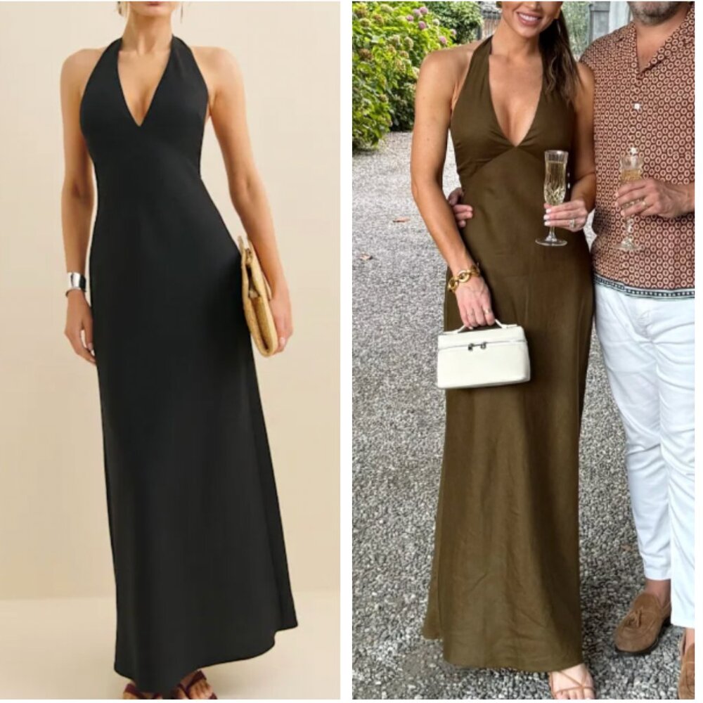 NEW Reformation Delilah Linen Maxi Dress Sz2 Black V Neck Vacation Cocktail